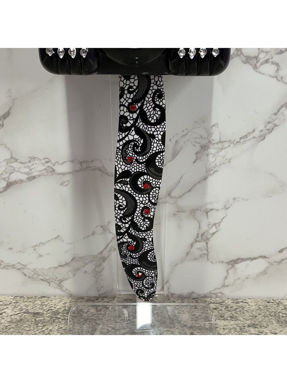 CUSTOM Jeweled Black Kit-Cat Klock clock with Chantilly lace tail and bow tie - Picture 6 of 7
